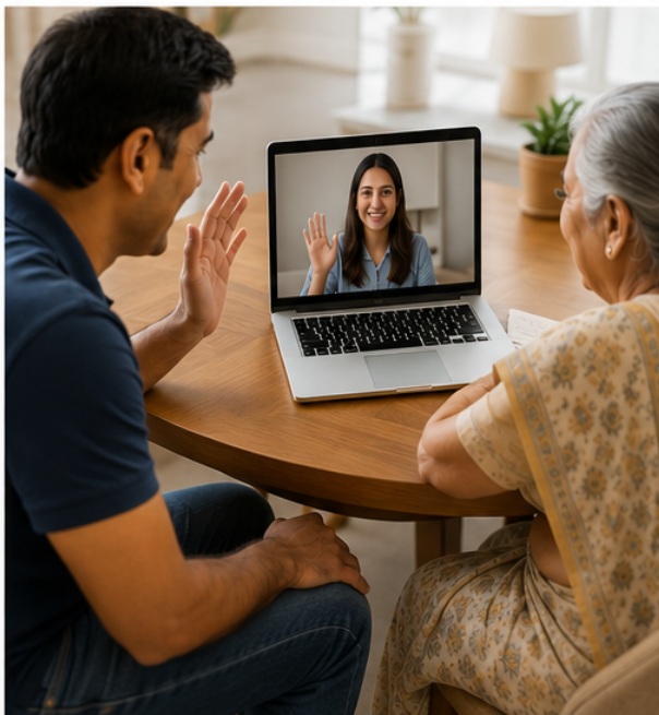 Indian family at home on a video call with daughter on the laptop, waving and catching up