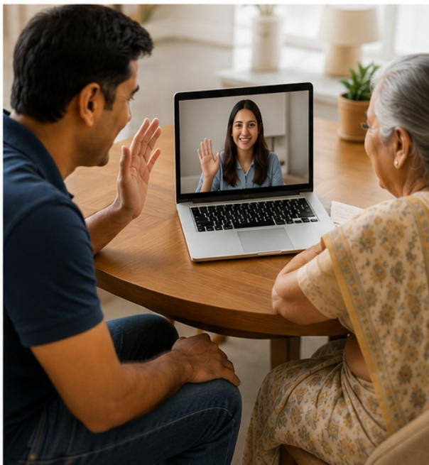 Caregiver and elder family member on a video call with a relative on a laptop