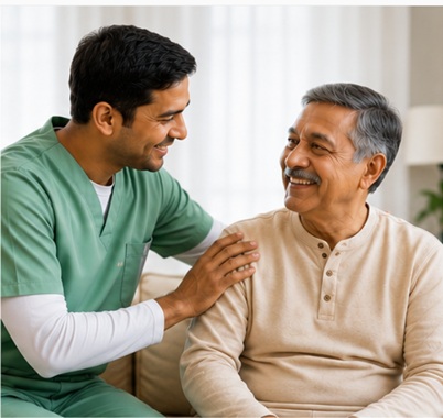 Two Indian attendants coordinating comfort and observation for parents aging at home